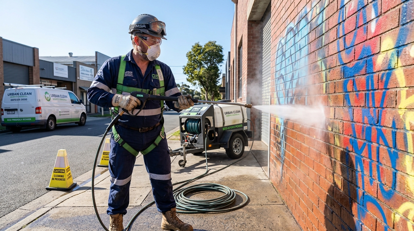 Specialist removing graffiti spray paint tags from commercial brick wall using hot water equipment